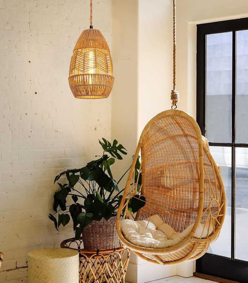 tebio Plug in Pendant Light Rattan Hanging Lights with Plug in Cord 15FT Hemp Rope Cord, On/Off Switch Chandelier for Boho Living Room Bedroom Kitchen（Bulb Included） 11 x 7 inch - Image 4